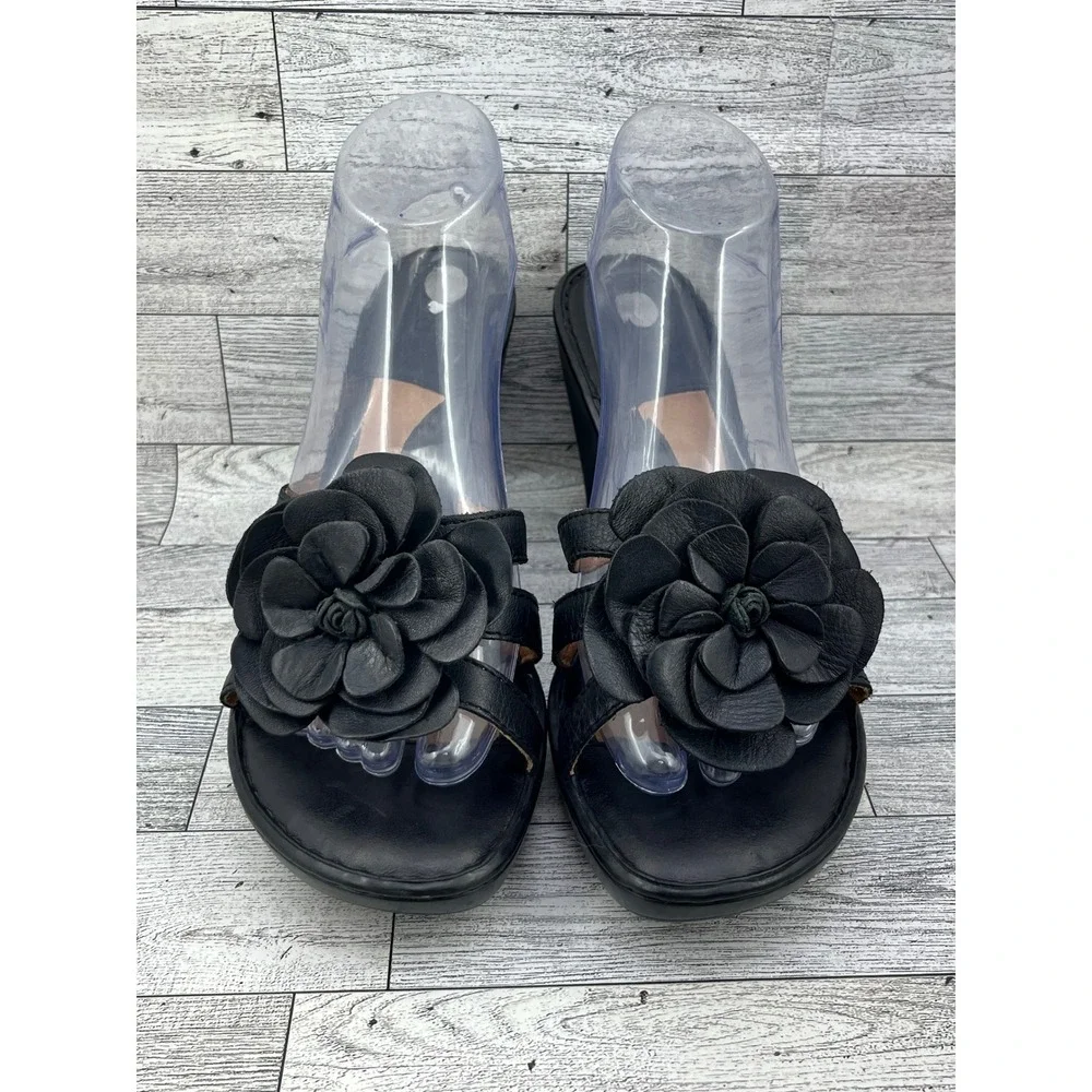 Born Black Leather Wedge Sandals Floral Rosette Slip On Mules Platform Women 10